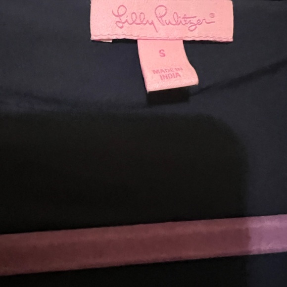 Lily Pulitzer Rachelle Navy Flowy Gauze Dress crocheted gold pompoms - Picture 6 of 6